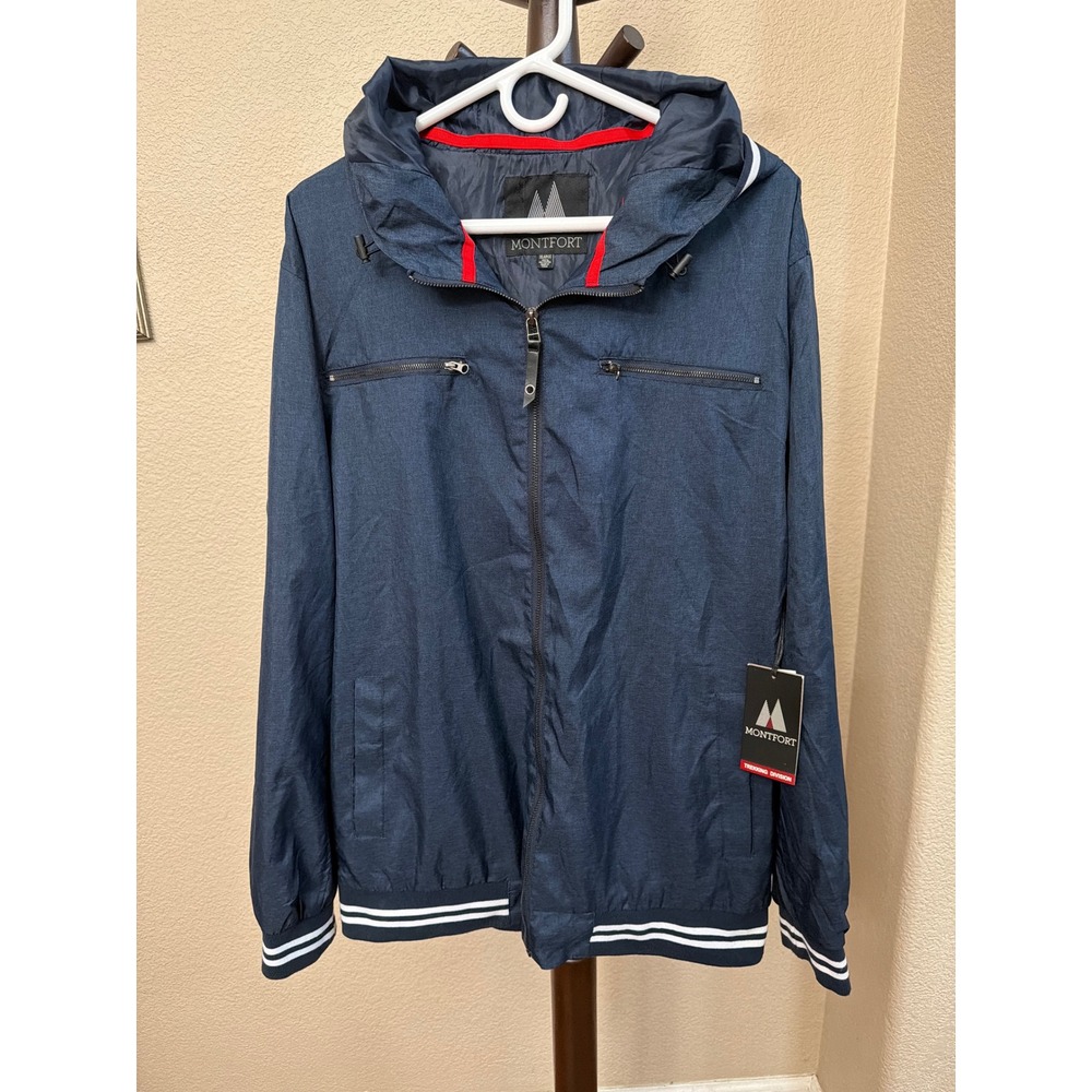 Montfort Mens Navy Blue Hooded Windbreaker Jacket XL NWT